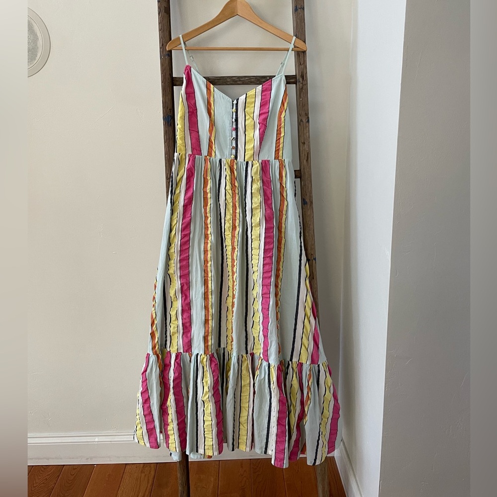 J Crew summer striped seersucker sun dress with elastic smocking at the back.